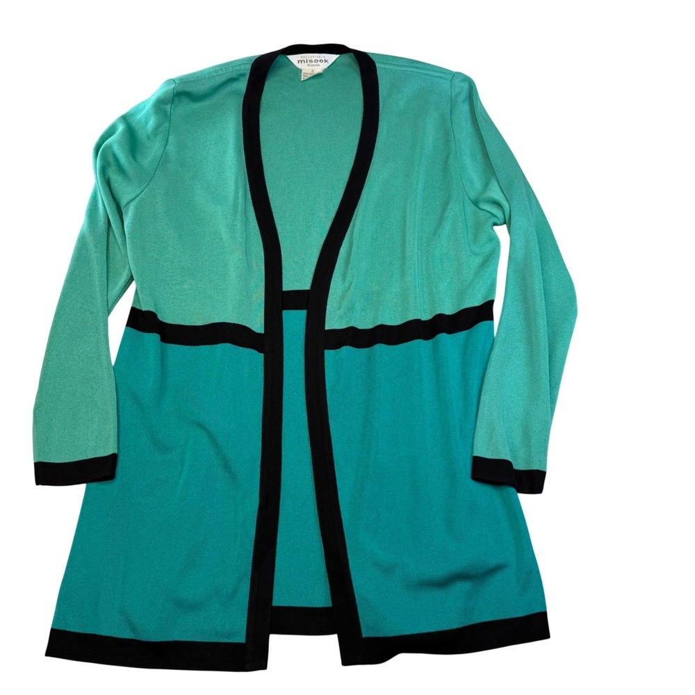 Misook Acrylic Knit Cardigan Teal Green Colorblock Open Front Career Petite S